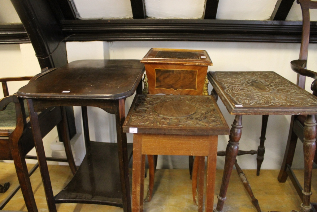 A COLLECTION OF FURNITURE to include a French style occasional table, two carved occasional tables,