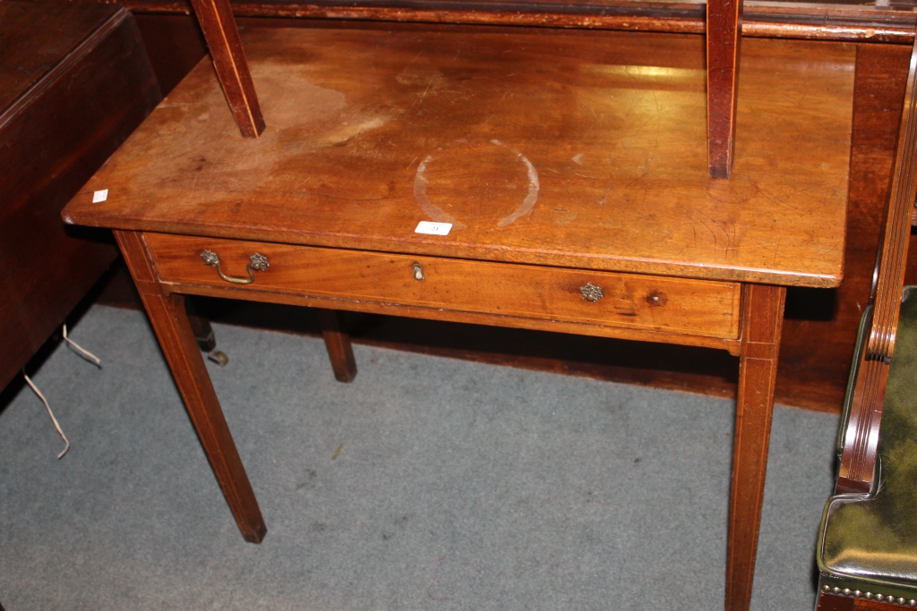 A 19TH CENTURY MAHOGANY SIDE TABLE fitted with single frieze drawer on square cut supports