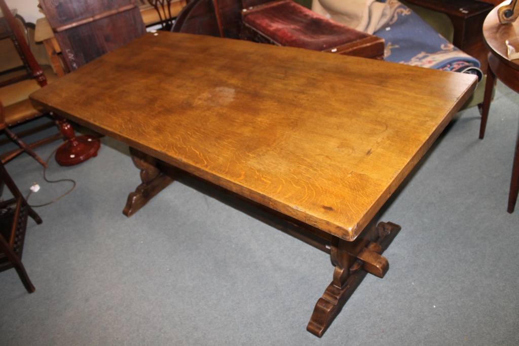 AN OAK PLANK TOP REFECTORY TABLE on stretcher supports, 72" x 32"