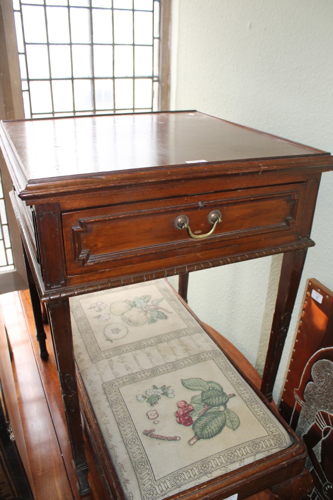 A FRENCH STYLE MAHOGANY SQUARE OCCASIONAL TABLE with single drawer on carved supports, 24"