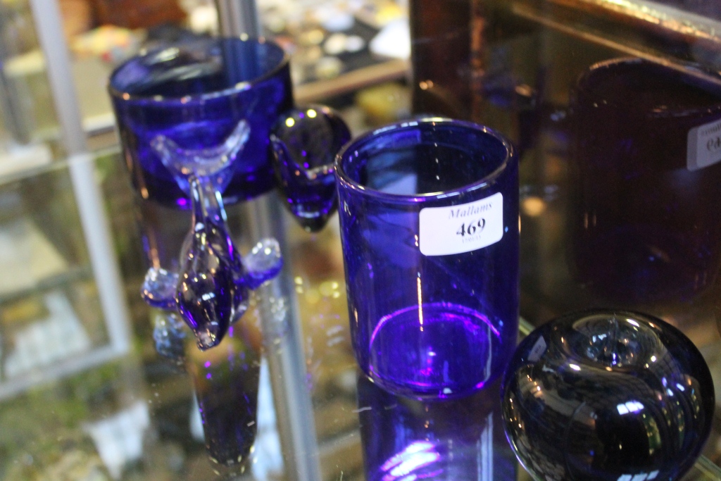 A BRISTOL BLUE GLASS RINSER and four other pieces of glass
