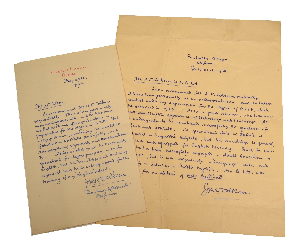 TOLKIEN, J.R.R. 2 M/S letters, references for Mr. A.F. Colborn, on Pembroke College Oxford,