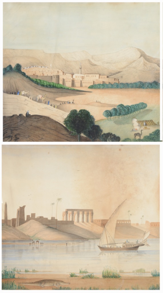 A PAIR OF COLONIAL WATERCOLOURS of a desert fort and classical ruins on the Nile signed Fred.