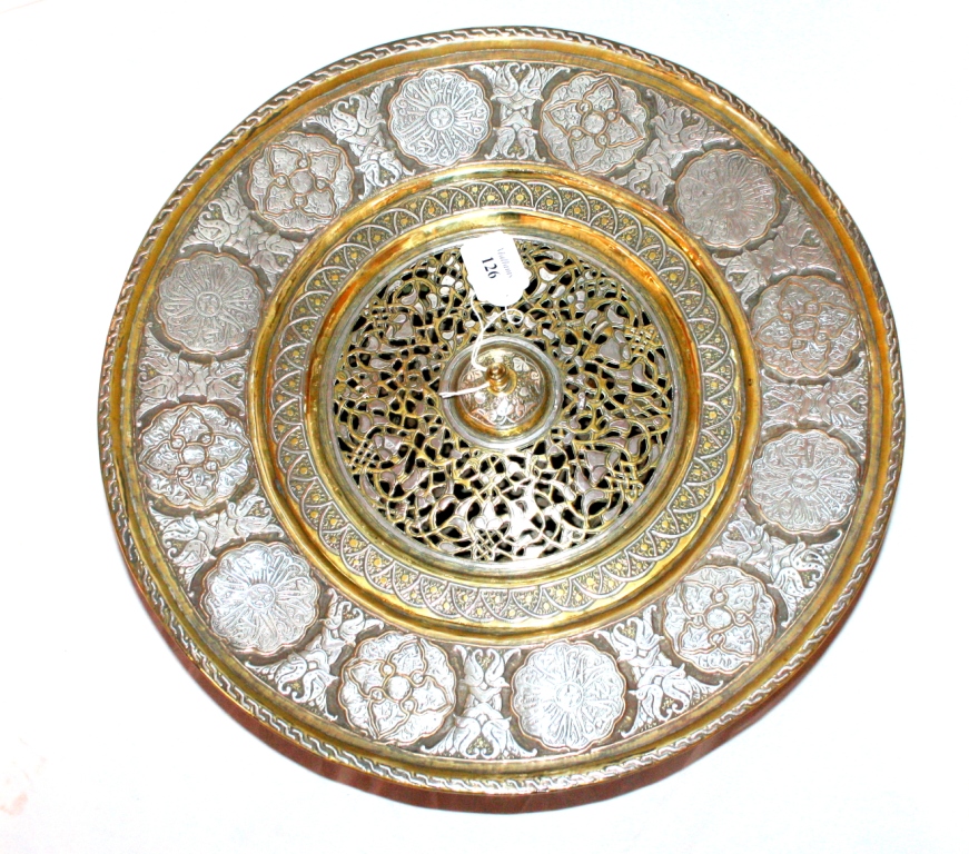 A MIDDLE EASTERN, ISLAMIC AND SILVER COLOURED METAL CIRCULAR ROSEWATER BOWL AND COVER with pierced