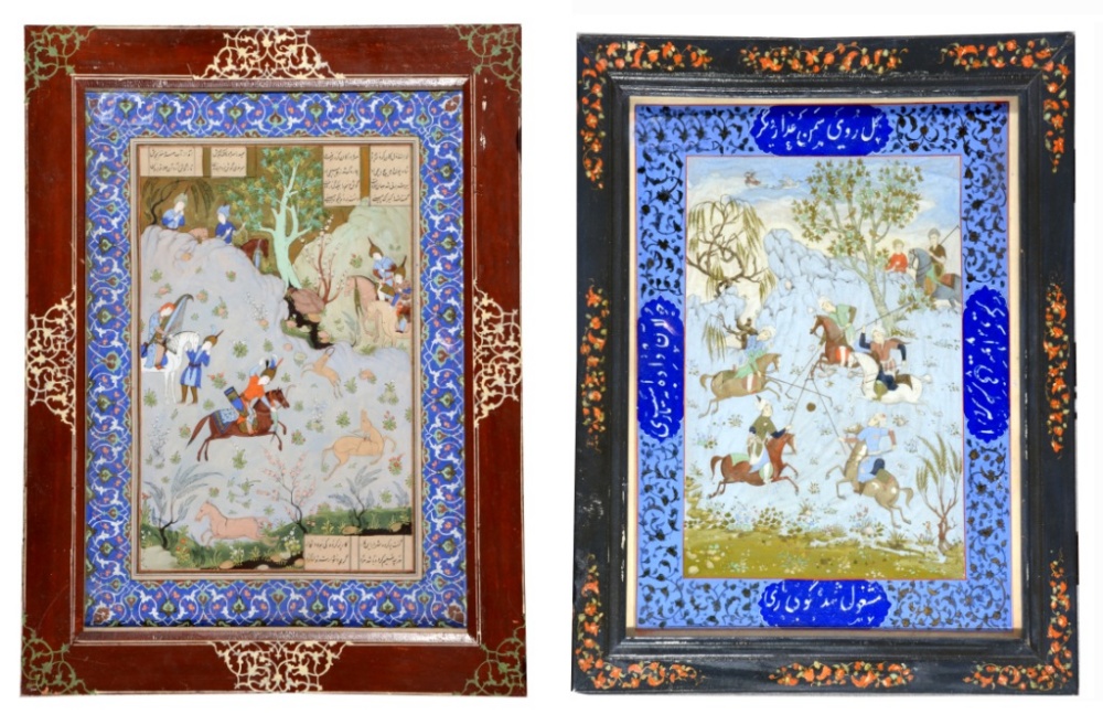 TWO INDO-PERSIAN SCHOOL GOUACHE PAINTINGS of a classical hunting scene and equestrian warriors with