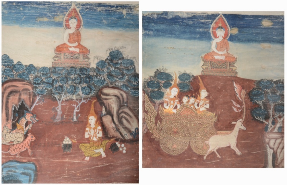 A PAIR OF SOUTH EAST ASIAN PAINTINGS ON CANVAS each depicting a Deity with attendant figures and