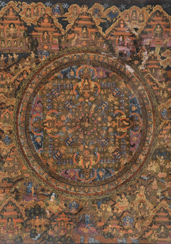 AN OLD TIBETAN TANKA decorated myriad images of Buddha, painted on material, 59cm x 46cm, later