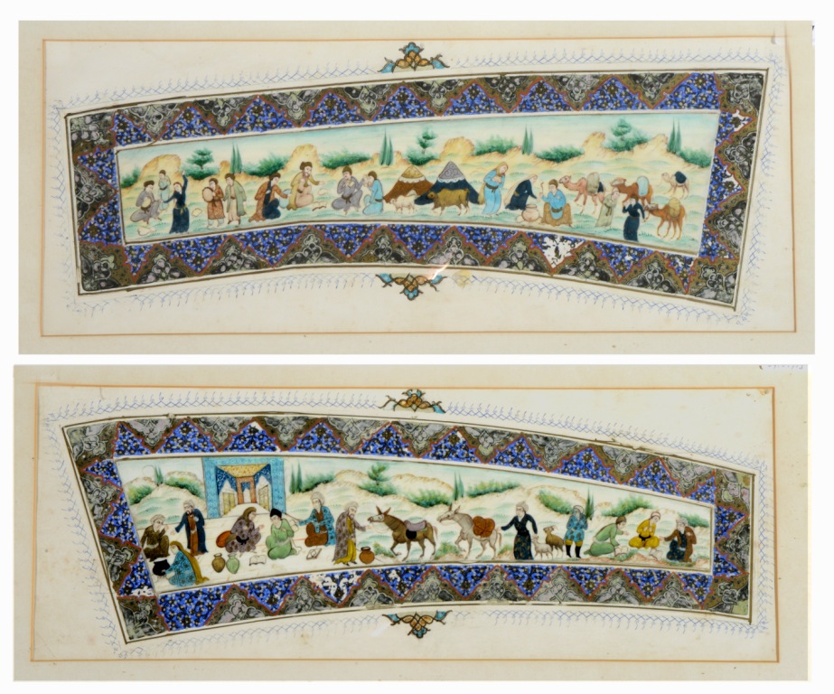 TWO SIMILAR MINIATURES painted with a procession of figures and beasts on ivory within decorative