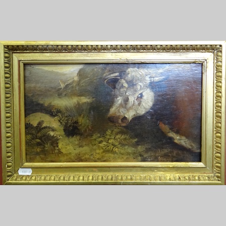 Spanish School, 19th century, the head of a bull in a landscape, oil on panel, 19 x 34cm