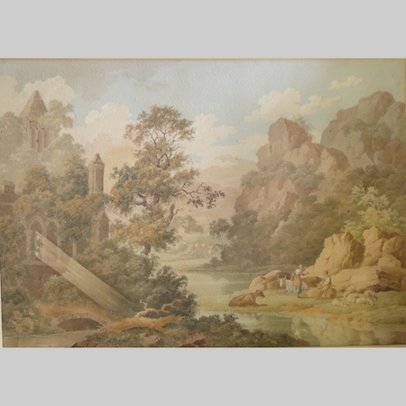 English School, early 19th century, a classical continental landscape with figures, 31 x 45cm