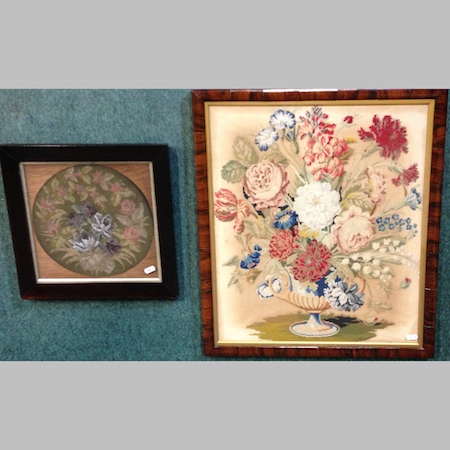 A Victorian woolwork depicting a vase of flowers, in a rosewood frame, 55 x 46cm, together with a