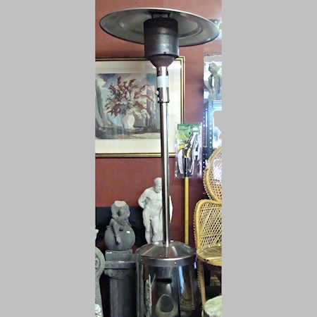 A gas powered metal patio heater