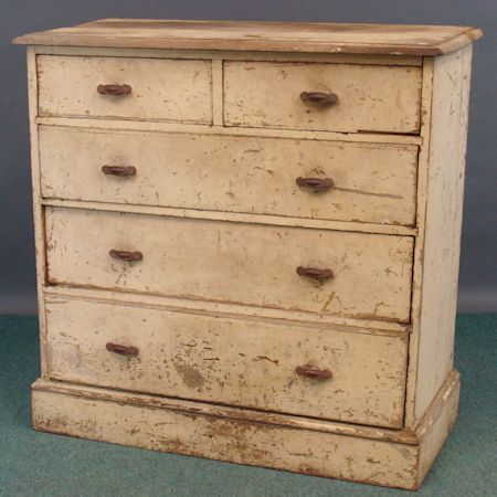 A Victorian white painted pine chest, of two short over three long drawers, on a plinth base, 100cm