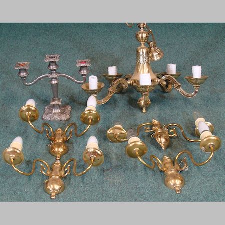 A brass five branch ceiling light fitting, together with four brass wall lights and a silver
