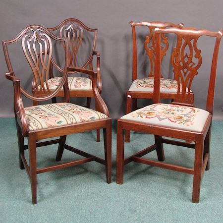 A pair of George III mahogany side chairs, with tapestry seats, together with a pair of Edwardian