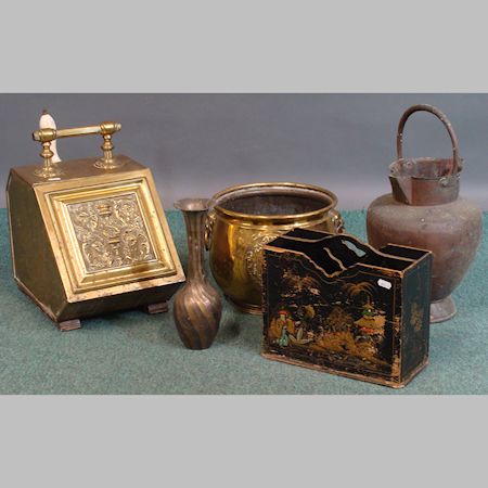 A Victorian embossed brass coal bin, together with a brass jardiniere, vase and magazine rack etc.