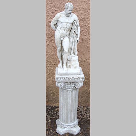 A reconstituted stone figure of Hercules, on a column base, 123cm tall