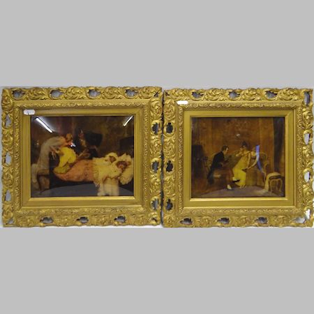 A Victorian crystoleum of an interior scene in an ornate frame, 20 x 23cm, together with another