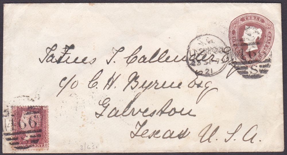 Great Britain : 1897 Postal Stationery envelope to GALVESTON Texas, uprated by 1d, scarce