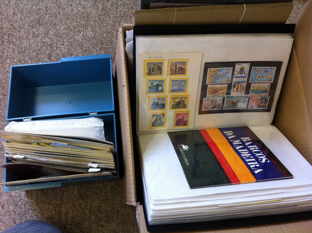 Box of modern Commonwealth and Europe, including used and mint stamps, plus FDCS, a good sort.