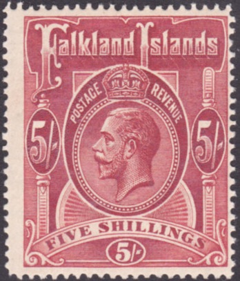Falklands : 1912 GV 5/- deep rose-red, lightly M/M, SG 67. Cat £120.