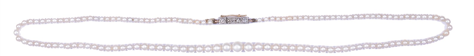 DIAMOND AND CULTURED PEARL NECKLACE the graduated row of pearls on a rectangular box clasp set