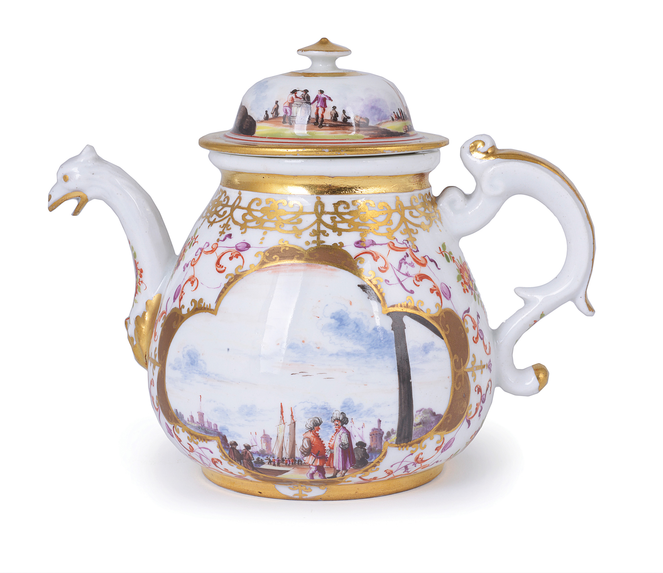 **A MEISSEN PORCELAIN TEAPOT AND COVER, CIRCA 1730 of baluster form with broken-scroll handle and