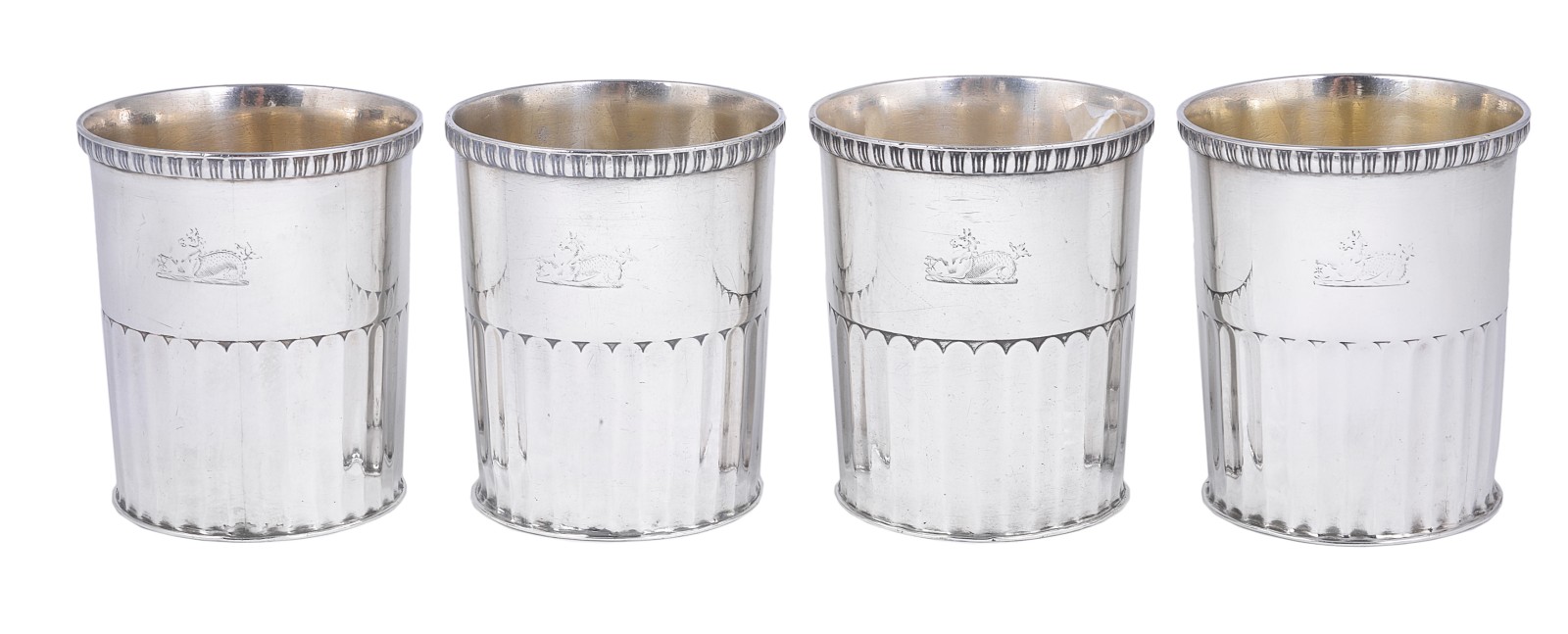 A SET OF FOUR GEORGE III SILVER BEAKERS, WILLIAM ELLIOTT, LONDON, 1815 cylindrical, part fluted,