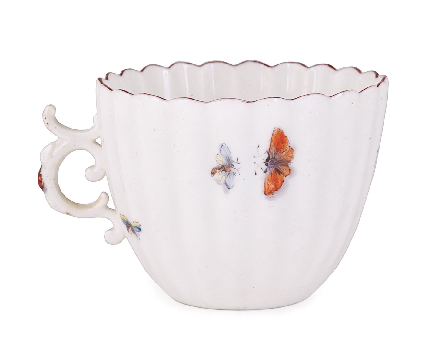 A CHELSEA FLUTED COFFEE CUP, CIRCA 1753-55 painted on the exterior with scattered insects, the