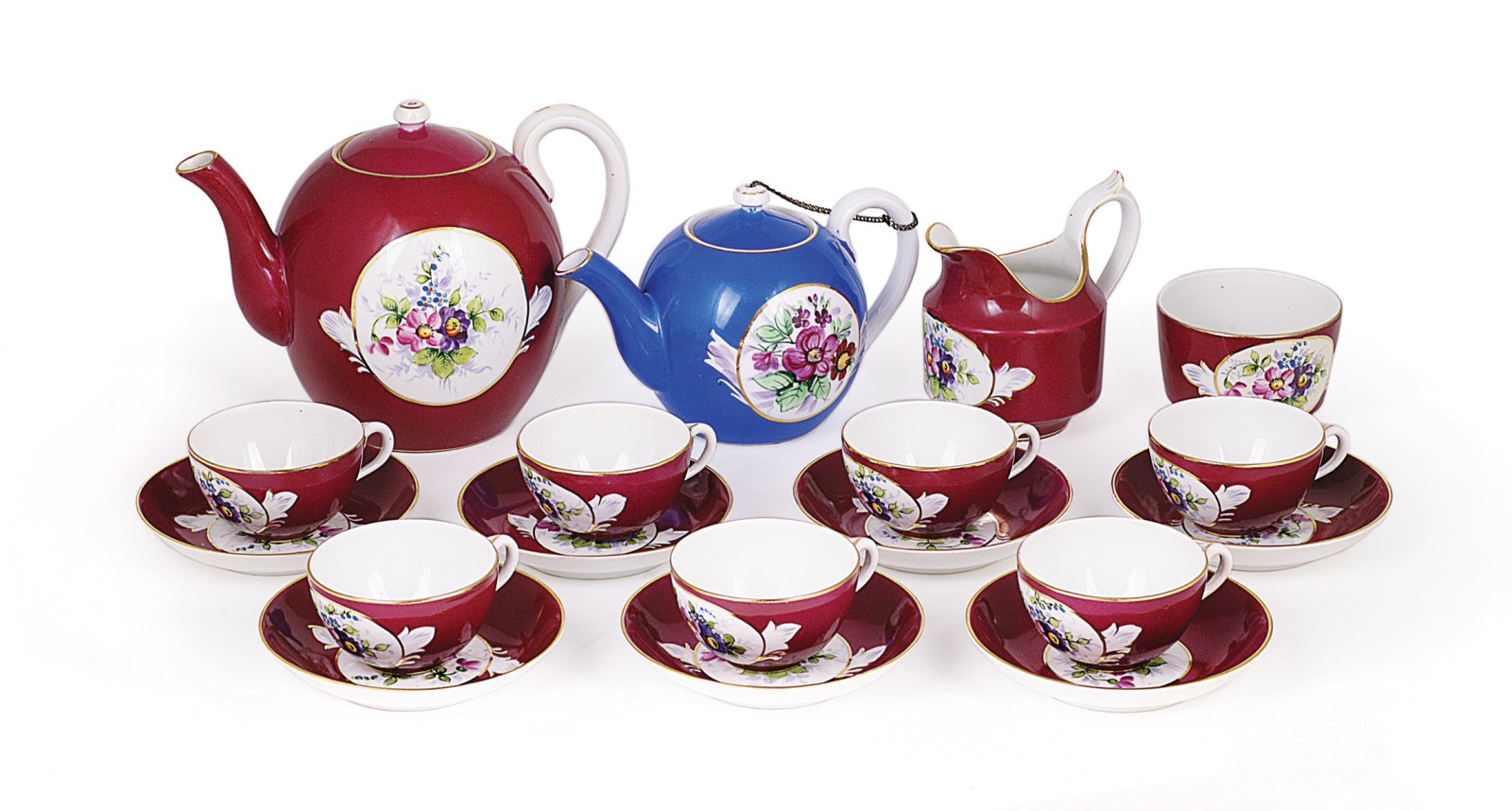 A RUSSIAN PORCELAIN PART TEA SERVICE, GARDNER FACTORY, LATE 19TH CENTURY painted with panels of