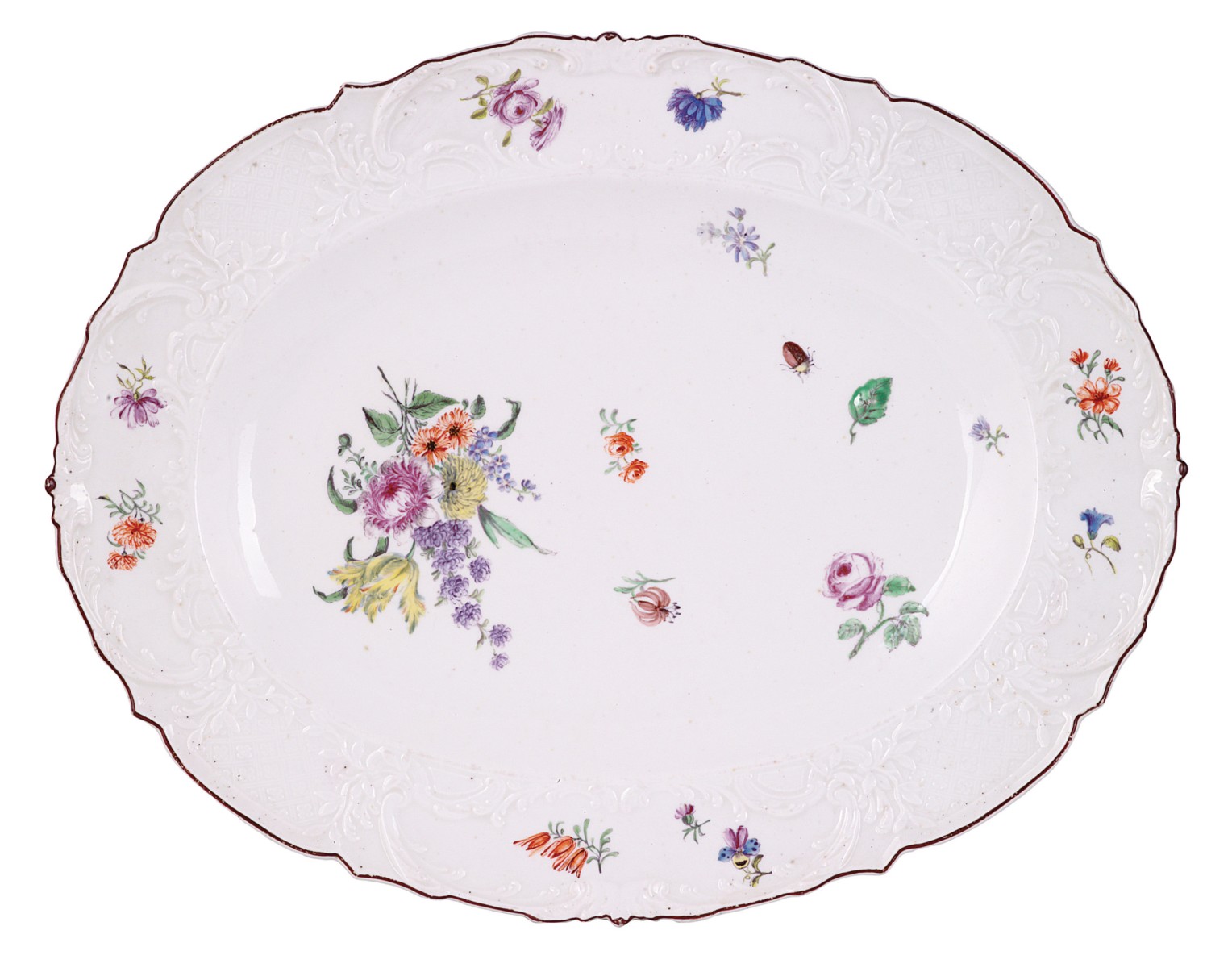 A LARGE CHELSEA OVAL DISH, CIRCA 1755 painted with scattered flowers and insects, the border moulded