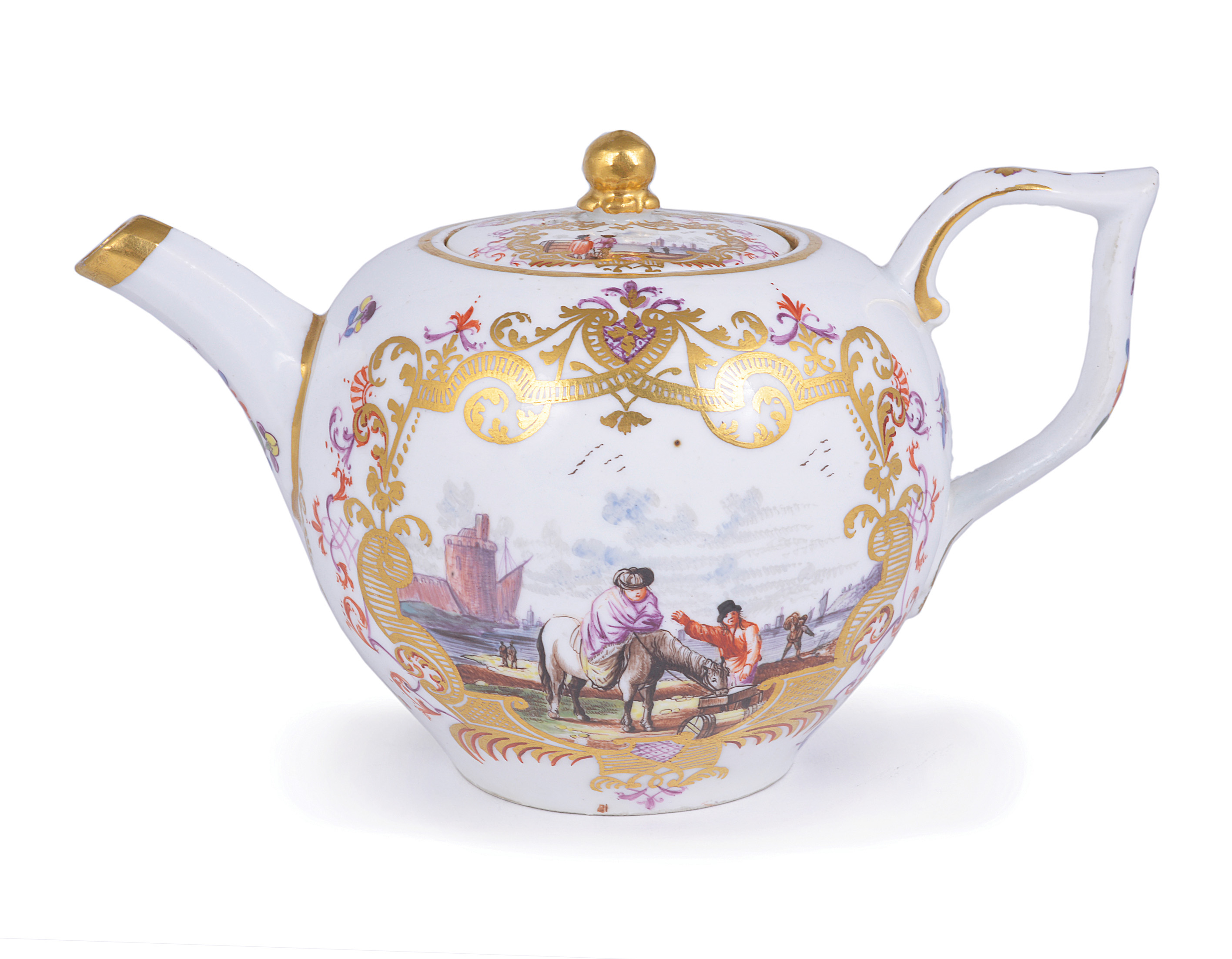 A MEISSEN TEAPOT AND COVER, CIRCA 1735 of `bullet` form, painted with Kauffahrtei scenes within gilt