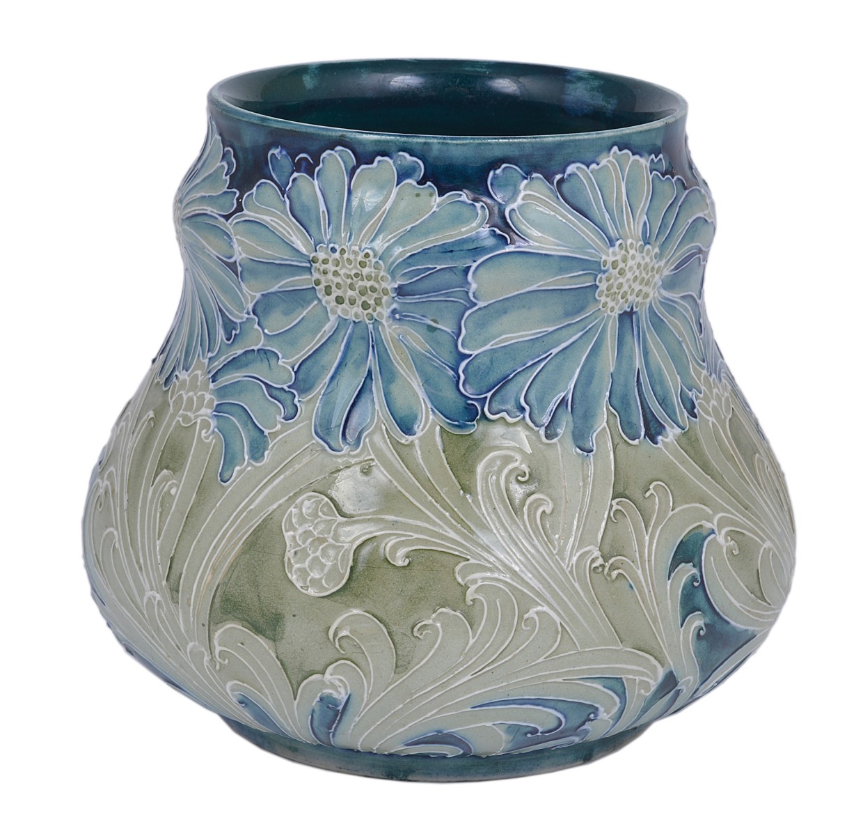 DAISIES: A MOORCROFT SQUAT VASE, CIRCA 1902 tube lined with bluish green daisies and foliage,