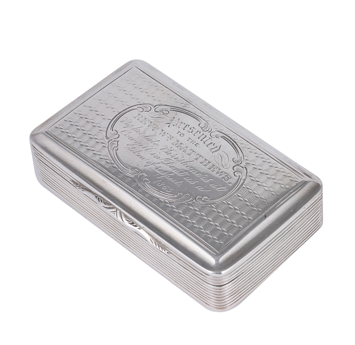 A VICTORIAN SILVER PRESENTATION SNUFF BOX, NATHANIEL MILLS, BIRMINGHAM, 1851 rectangular, the hinged