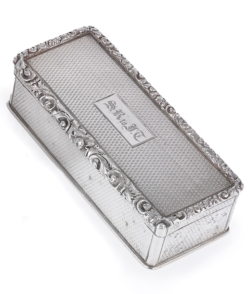 A WILLIAM IV SILVER SNUFF BOX, NATHANIEL MILLS, BIRMINGHAM, 1834 rectangular, engine-turned, the