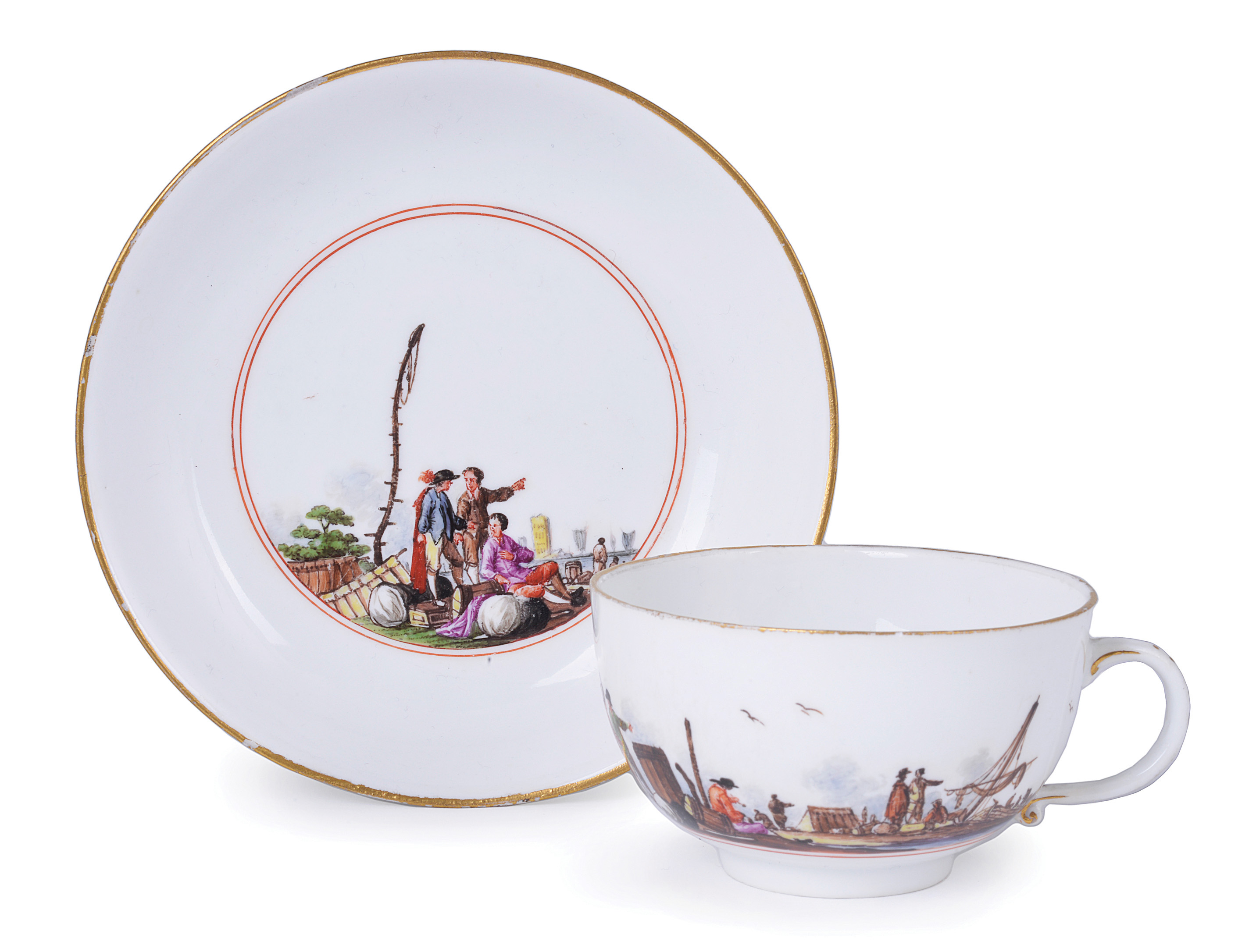 **A MEISSEN PORCELAIN CUP AND SAUCER, CIRCA 1740-45 the cup painted with a continuous harbour scene,