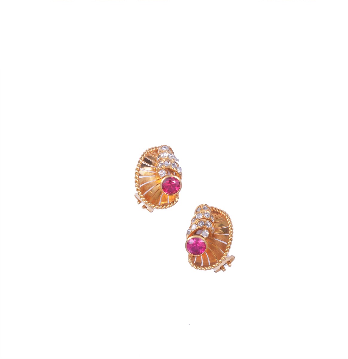PAIR OF DIAMOND EARCLIPS of stylized shell design set with rose diamonds and circular simulant