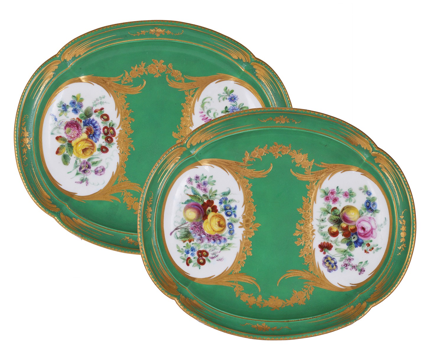 **A PAIR OF SEVRES TUREEN STANDS, THE PORCELAIN 18TH CENTURY AND LATER DECORATED each with two