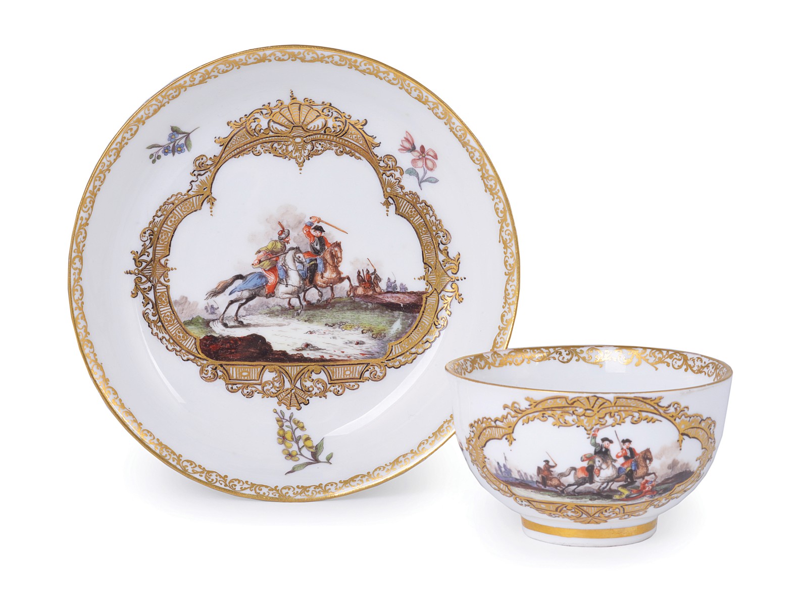 **A MEISSEN TEABOWL AND SAUCER, CIRCA 1745 painted after Rugendas with battle scenes with European