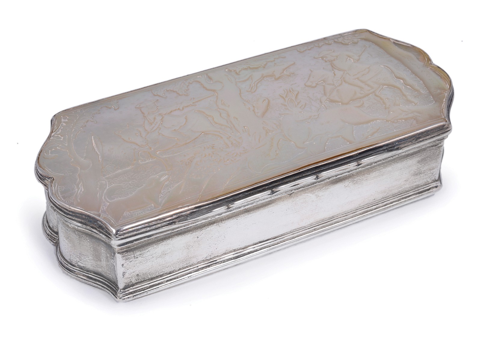 A SILVER AND MOTHER-OF-PEARL BOX, PERHAPS DUTCH EARLY 18TH CENTURY shaped oblong with silver