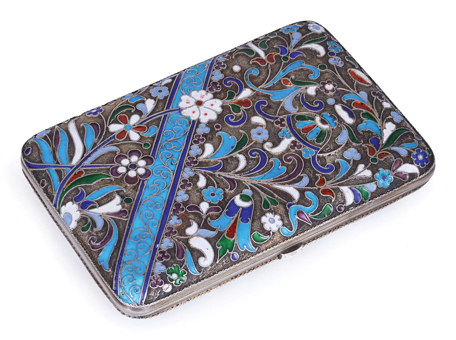A RUSSIAN SILVER AND CLOISONNE ENAMEL CIGARETTE CASE, MAKER`S MARK DN (IN CYRILLIC), PROBABLY FOR