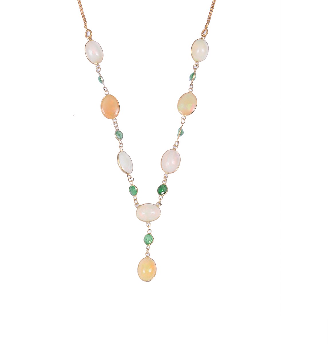 OPAL AND TSAVORITE GARNET NECKLACE designed as a row of spectacle-set alternating oval cabochon