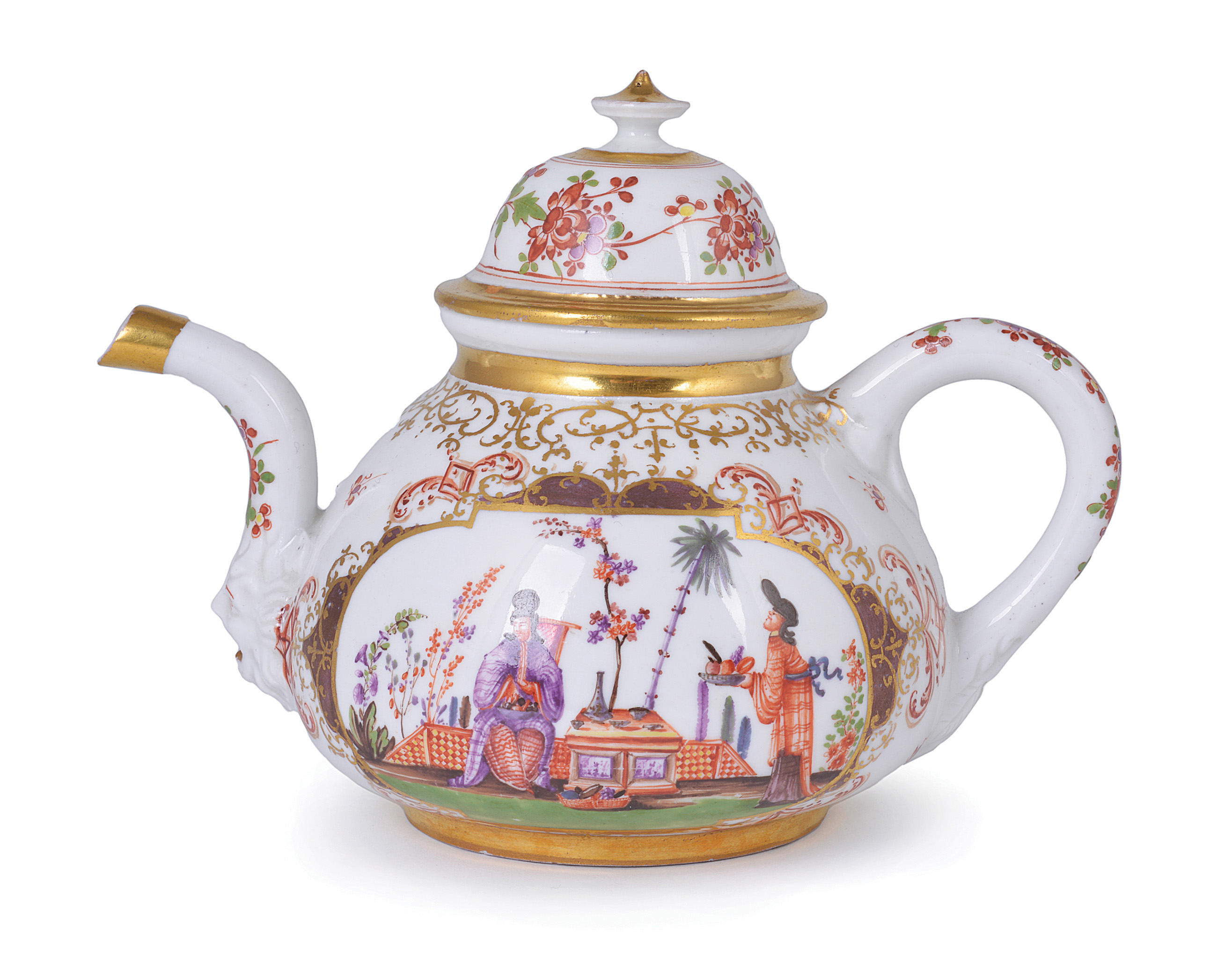 **A MEISSEN PORCELAIN CHINOISERIE TEAPOT AND COVER, 1723-1724 of squat globular form, the curved