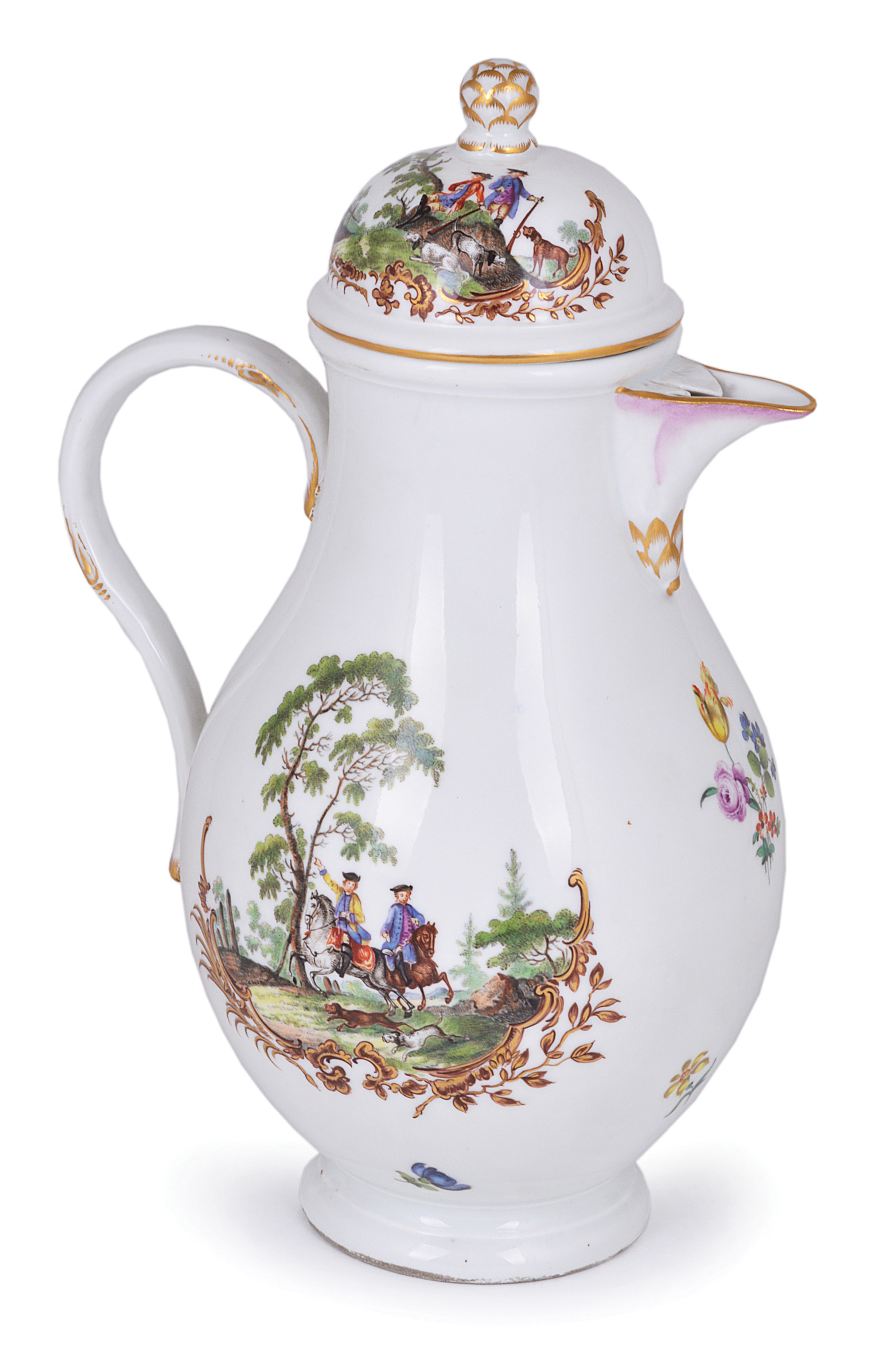 **A MEISSEN COFFEE POT AND COVER, ACADEMIC PERIOD, CIRCA 1770 the baluster body painted with two