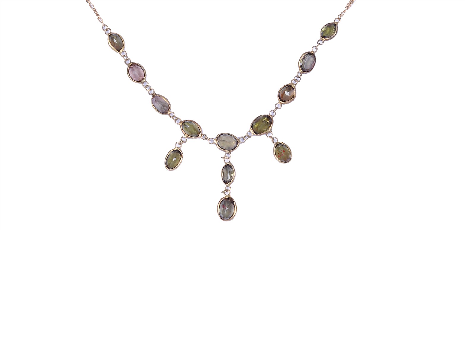 ANDALUSITE NECKLACE designed as a row of spectacle-set oval andalusite with graduated drops to the