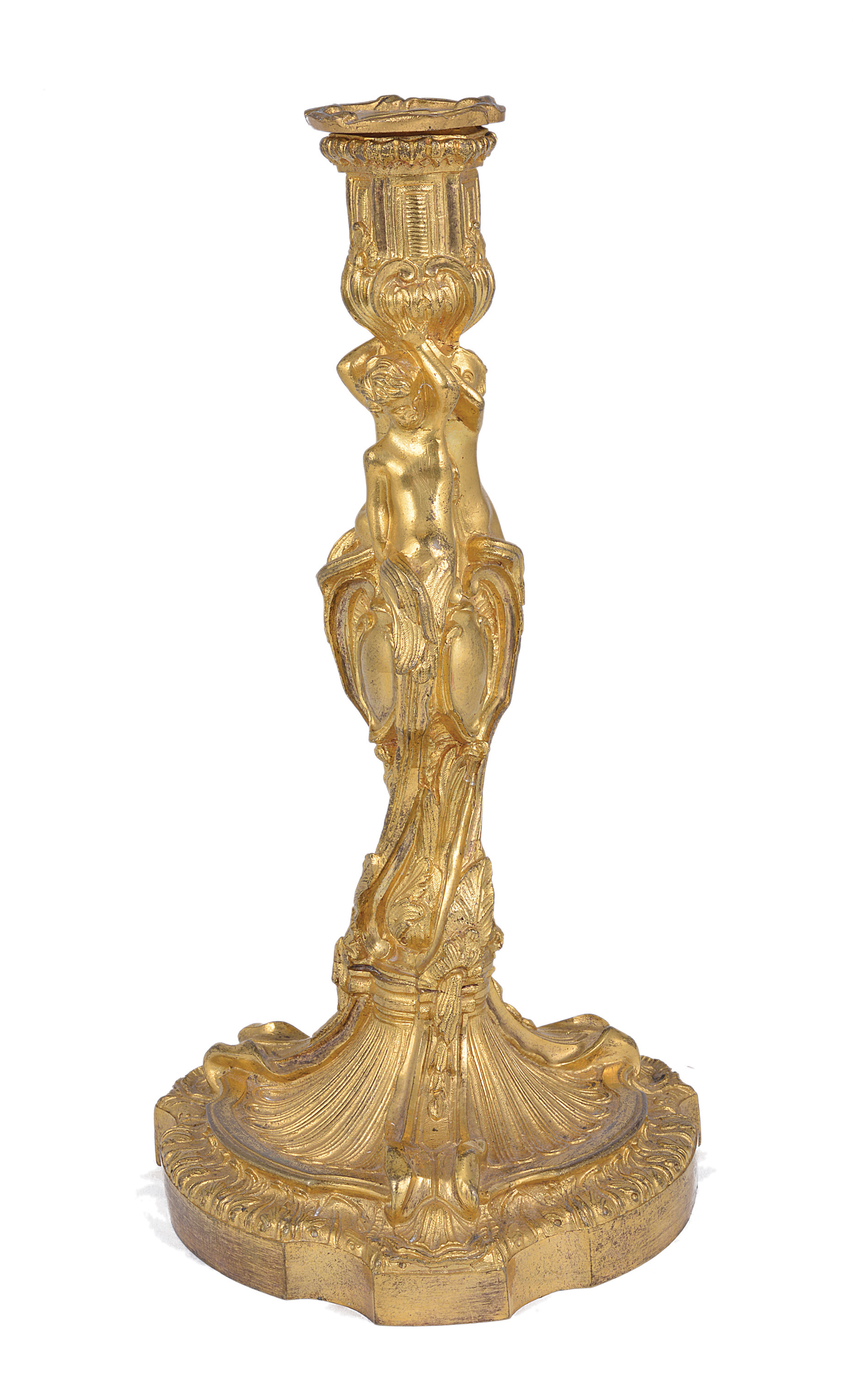 A GILT-BRONZE CANDLESTICK, AFTER A DESIGN BY JUSTE-AURÉLE MEISSONIER (1695-1750), FRENCH, SECOND