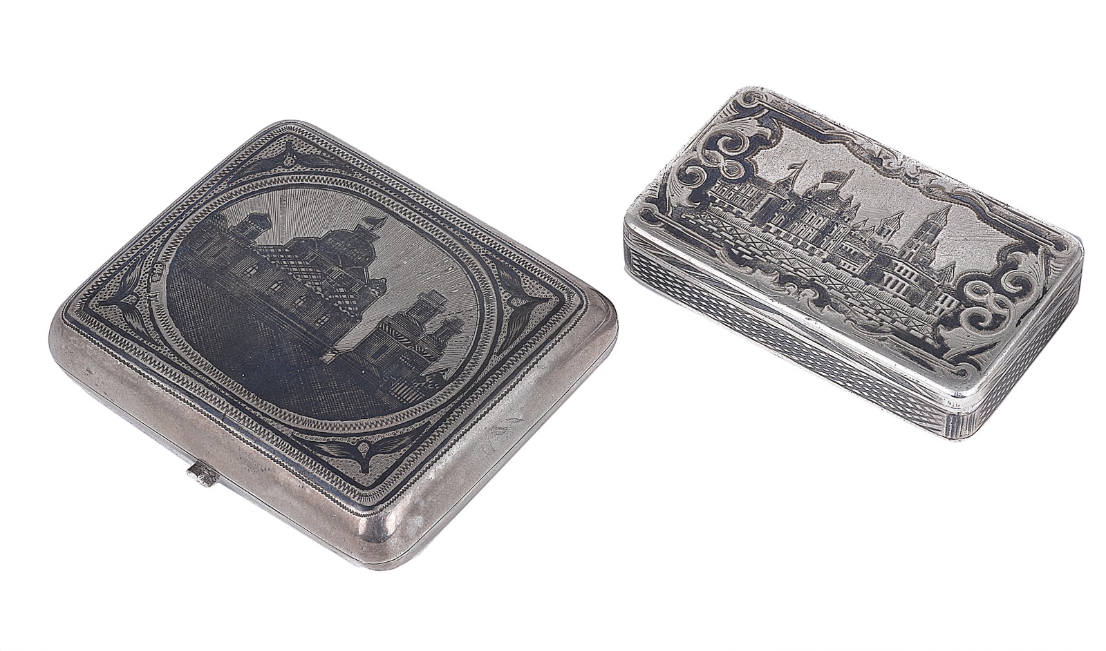 A RUSSIAN NIELLO SILVER PURSE, MOSCOW, LATE 19TH CENTURY rectangular, the hinged cover with view