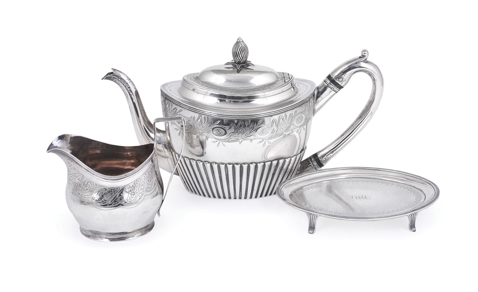 A GEORGE III SILVER TEAPOT ON STAND, PETER, ANN & WILLIAM BATEMAN, LONDON, 1800 the part lobed