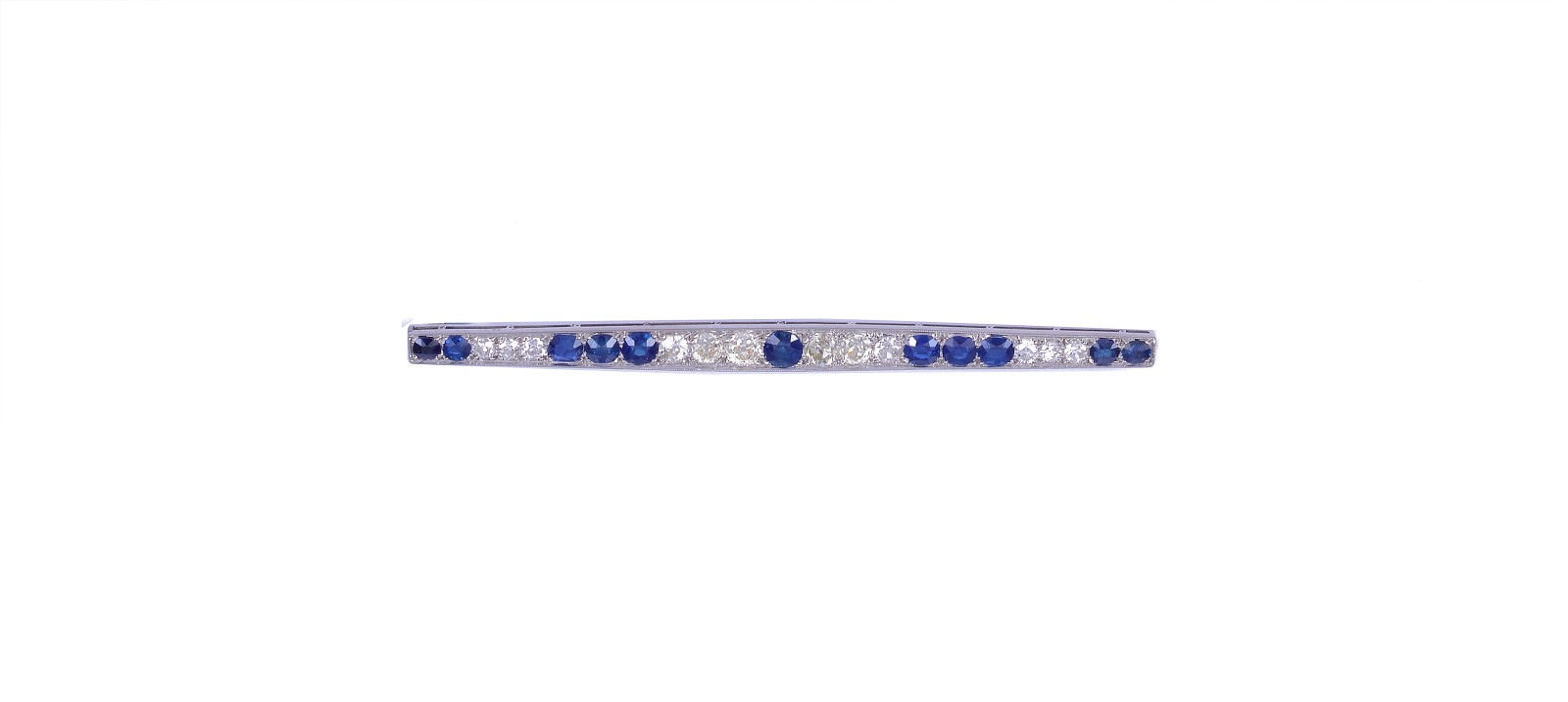 SAPPHIRE AND DIAMOND BAR BROOCH, 1920s the torpedo shape millegrain-set with graduating circular