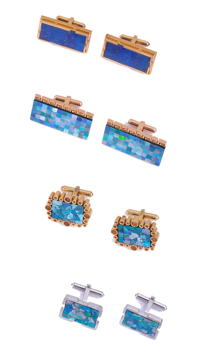 COLLECTION OF CUFFLINKS, 1970s comprising: rectangular pair with a mosaic of opal squares accented